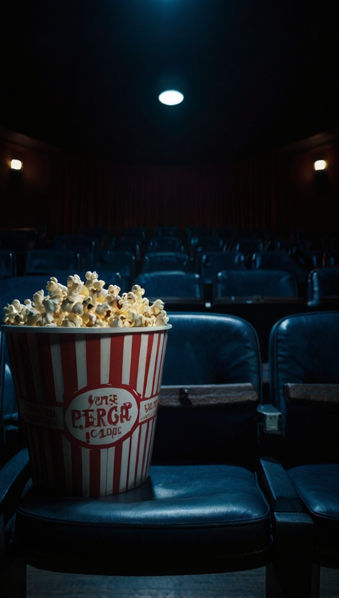A red-and-white striped popcorn bucket on a leather seat in an empty, dimly lit movie theater