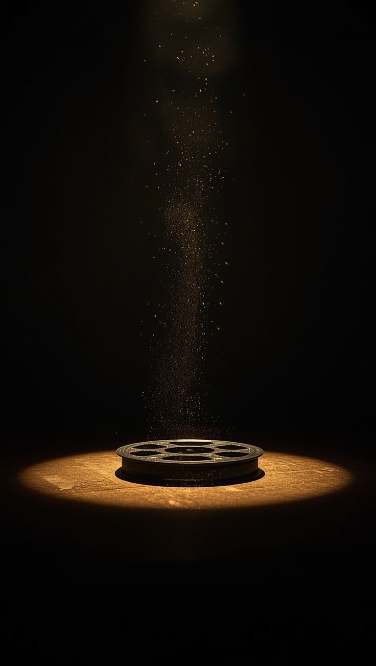 A single film reel resting in a pool of warm gold spotlight on a dark surface, with dust particles drifting upward into darkness