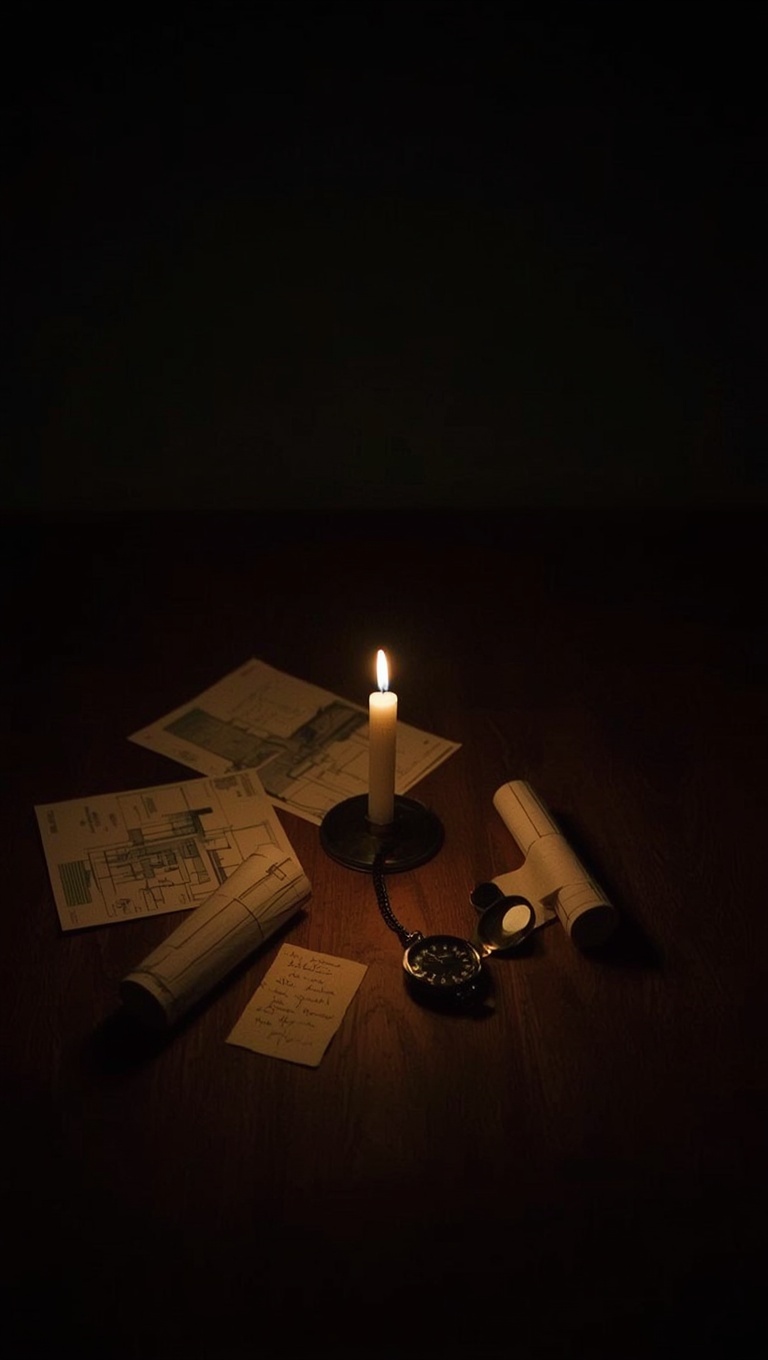 A single lit candle on a bare wooden table in darkness, surrounded by architectural blueprints, rolled drawings, a pocket watch, and a handwritten note