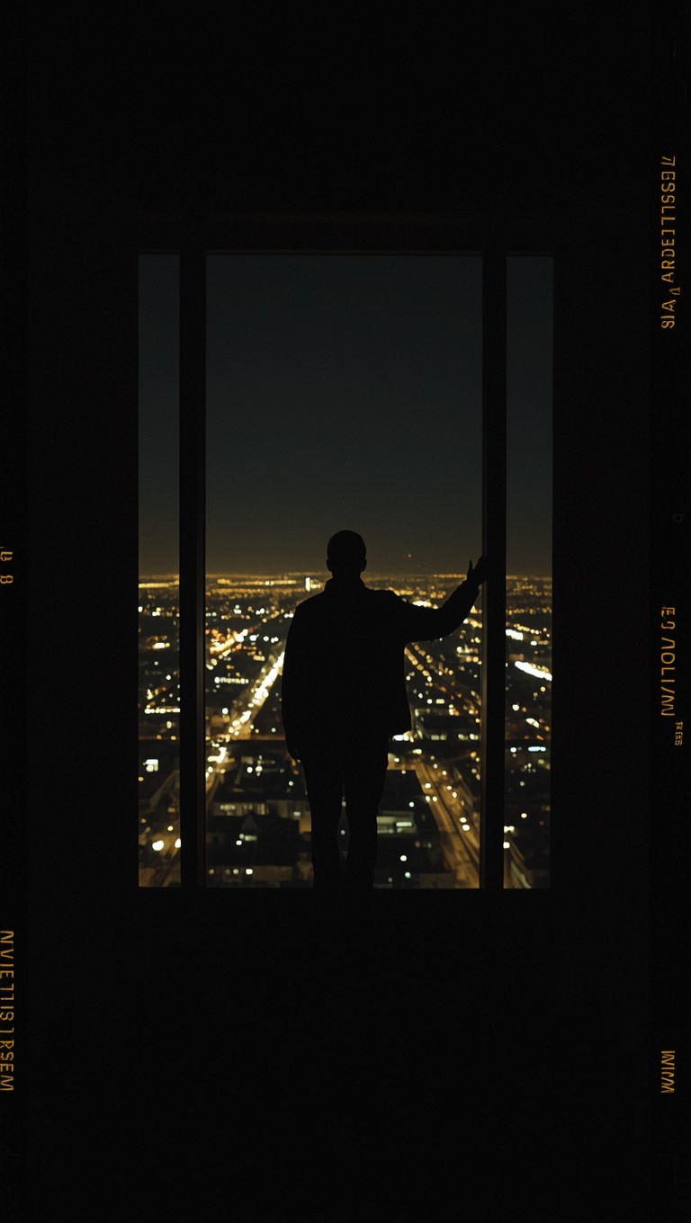 A silhouetted figure standing at a floor-to-ceiling window in darkness, looking out over a sprawling city skyline glittering with lights at night